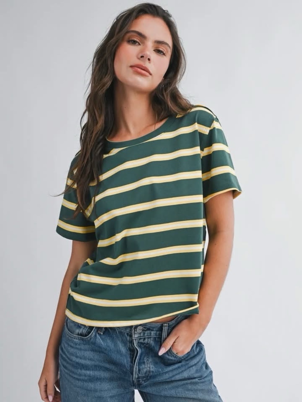 Women's Green & Yellow Striped Short Sleeve Tee
